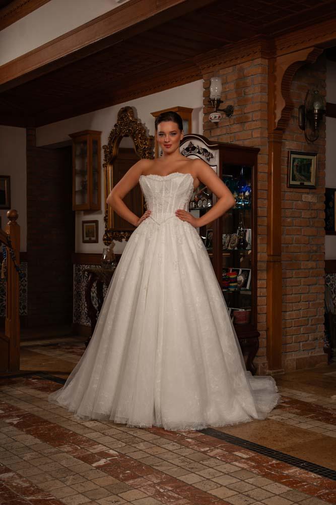 Çift Yaka Fransız Korse Detaylı Alkaner Model Gelinlik