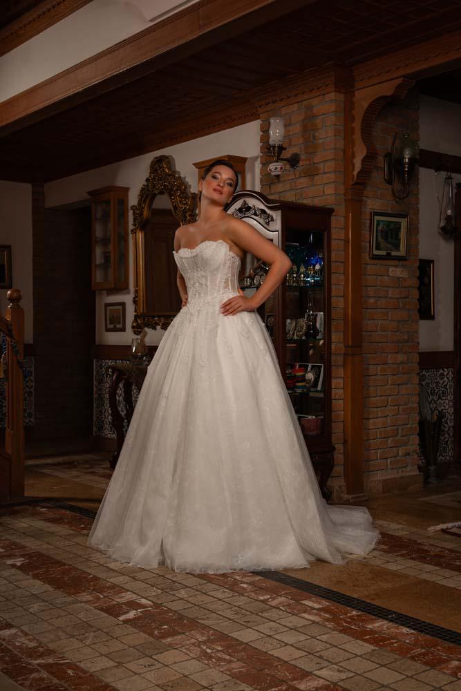 Çift Yaka Fransız Korse Detaylı Alkaner Model Gelinlik