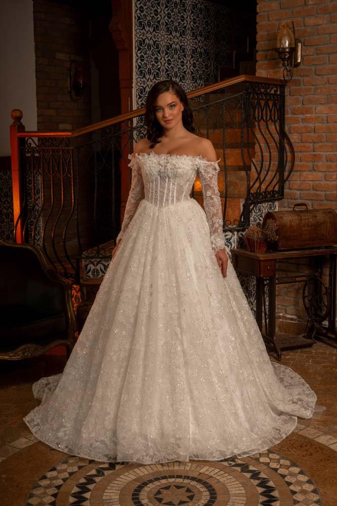 Fransız Yaka Üç Boyut Detaylı Yankol Alkaner Model Gelinlik