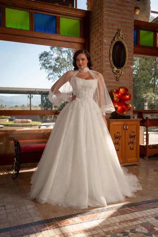 Havuz Yaka Balon Tül Kol Detaylı Helen Model Gelinlik
