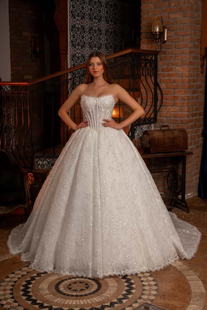 Havuz Yaka Fransız Korseli Pileli Prenses Model Gelinlik