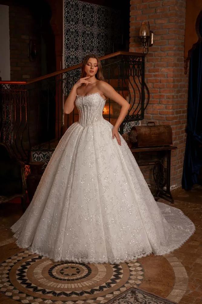 Havuz Yaka Fransız Korseli Pileli Prenses Model Gelinlik