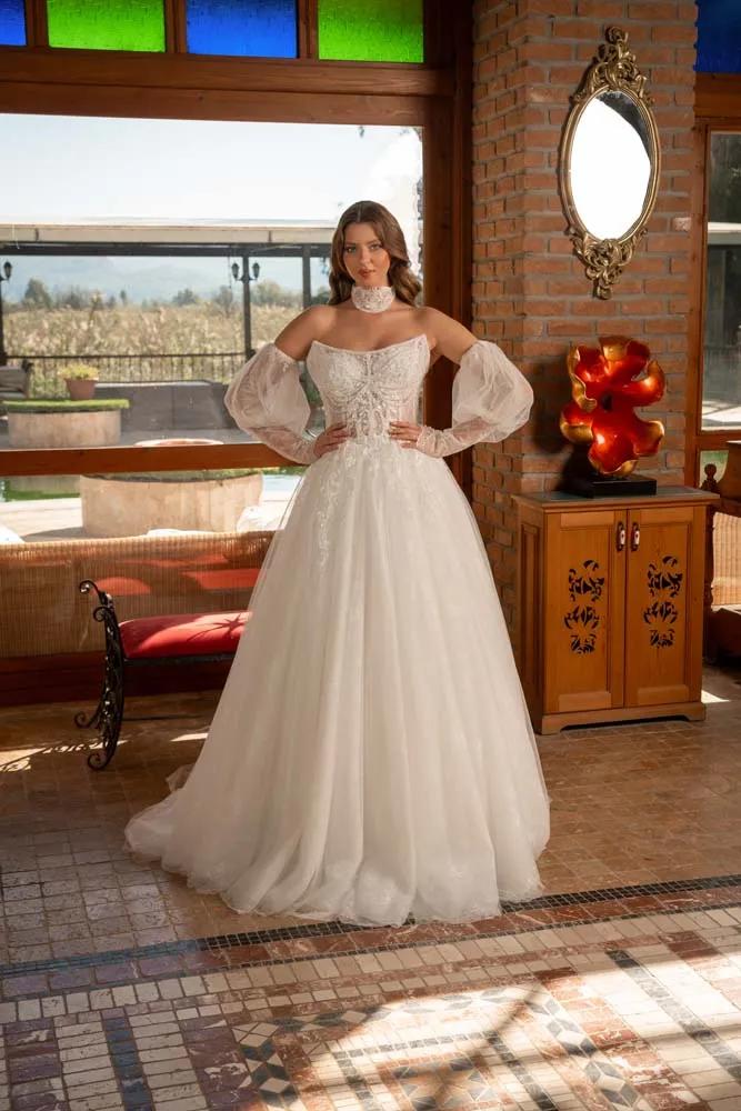 Havuz Yaka Transparan Beden Yan Kol Detaylı Helen Model Gelinlik