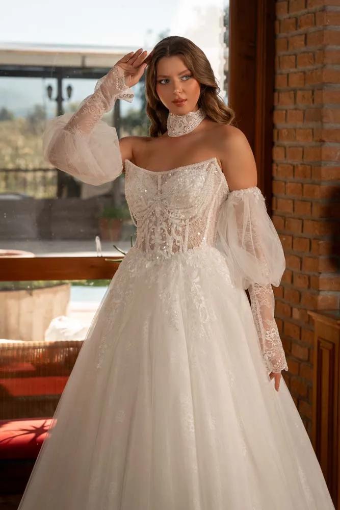 Havuz Yaka Transparan Beden Yan Kol Detaylı Helen Model Gelinlik