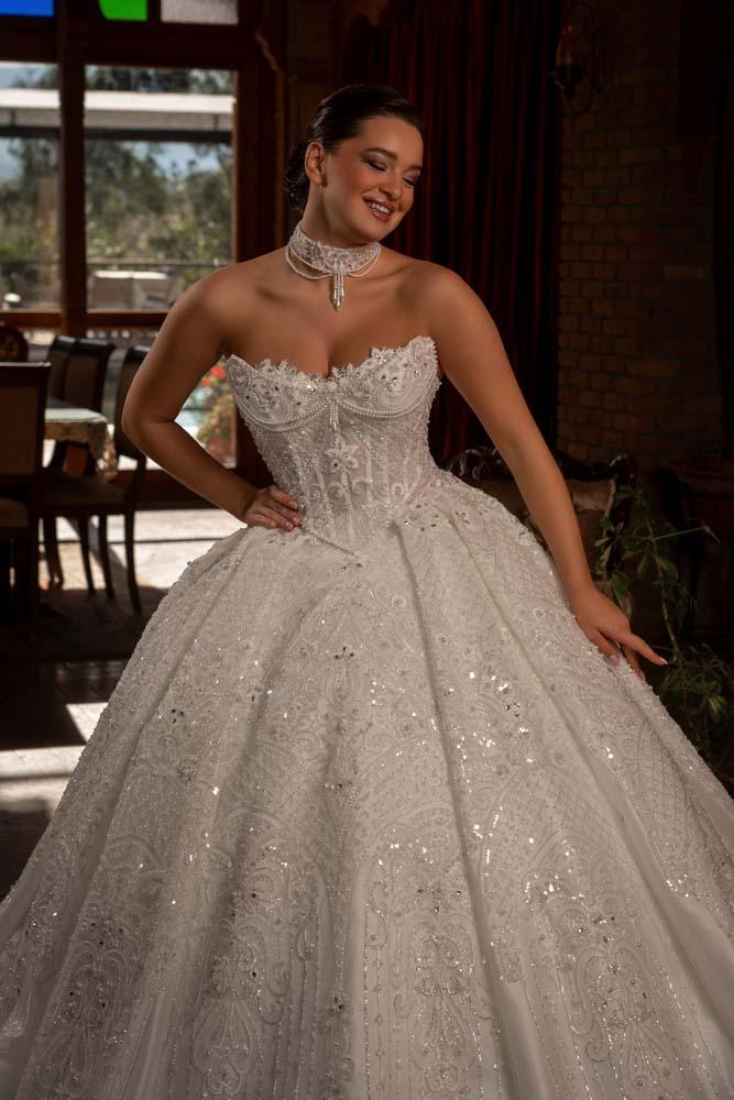 Kedi Kulağı Transparan Beden Pileli Prenses Model Gelinlik