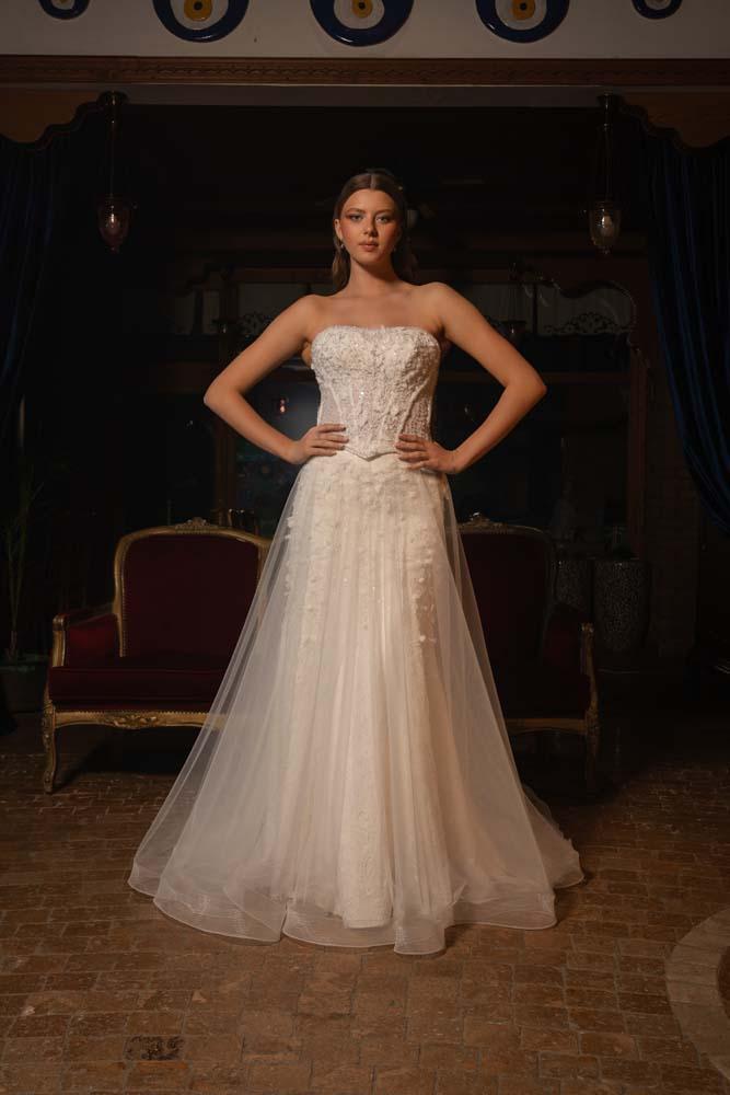 Korse Detalı Akıtmalı Helen Model Gelinlik