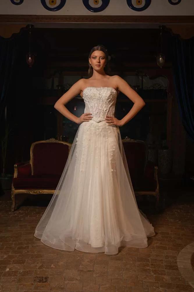 Korse Detalı Akıtmalı Helen Model Gelinlik