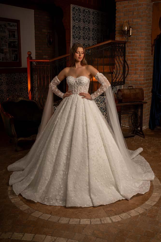 M Yaka Uzun Kol Şal Model İşlemeli Pileli Alkaner Model Gelinlik